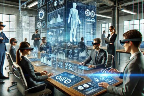 A futuristic office setting where professionals are collaborating remotely using augmented reality (AR) glasses.