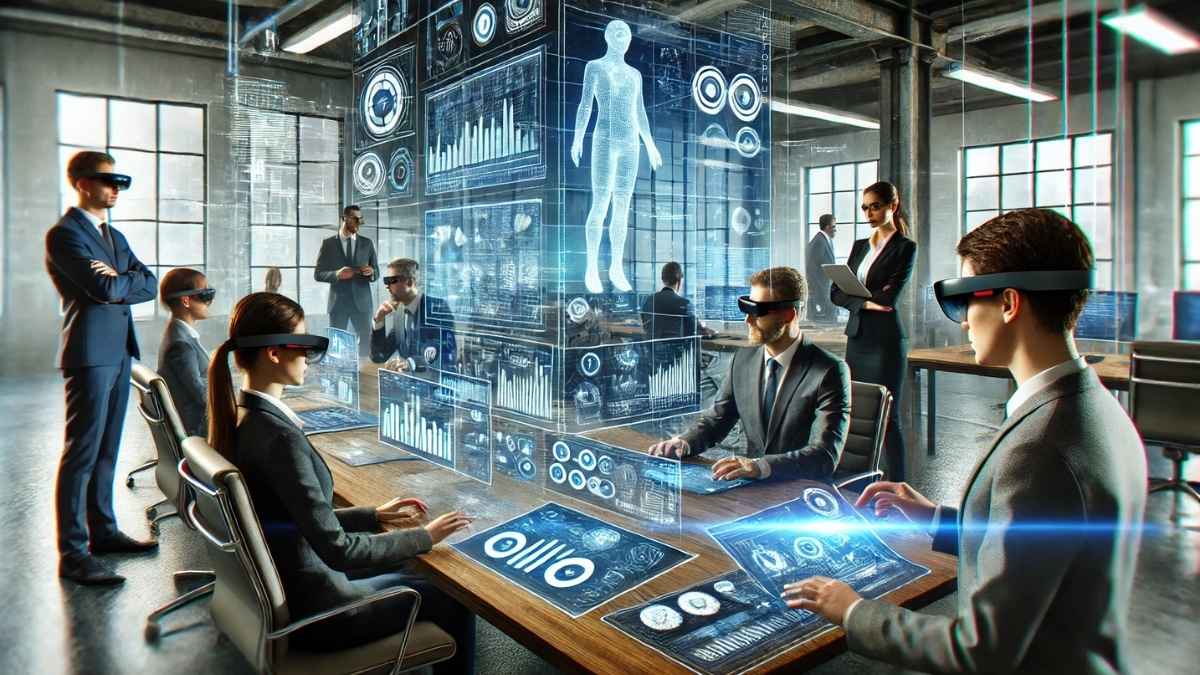 A futuristic office setting where professionals are collaborating remotely using augmented reality (AR) glasses.