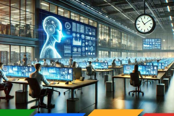 futuristic workplace where employees work on ai.