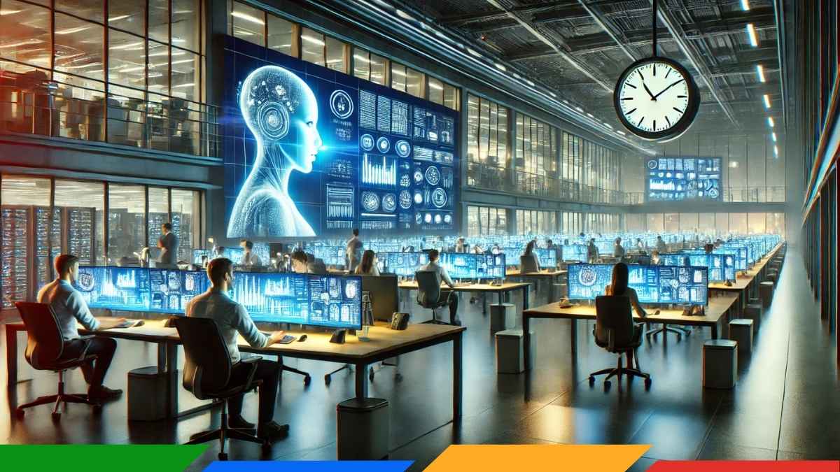 futuristic workplace where employees work on ai.