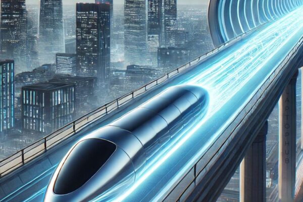 A futuristic high-speed Hyperloop pod traveling through a sleek, transparent vacuum tube over a modern city skyline, showcasing innovation and technology.