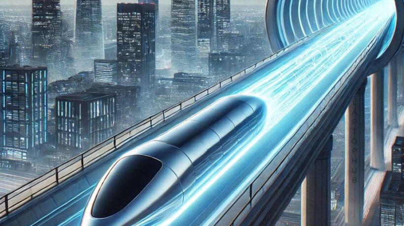 A futuristic high-speed Hyperloop pod traveling through a sleek, transparent vacuum tube over a modern city skyline, showcasing innovation and technology.