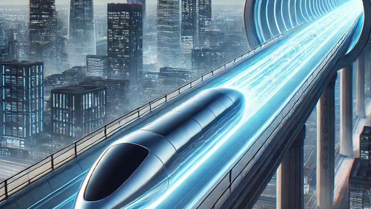 A futuristic high-speed Hyperloop pod traveling through a sleek, transparent vacuum tube over a modern city skyline, showcasing innovation and technology.